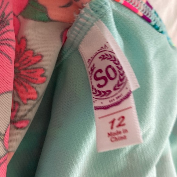 SO Brand 2 Piece Bikini Swimsuit Bright Floral and Stripes Girl’s Size 12 - Picture 4 of 6